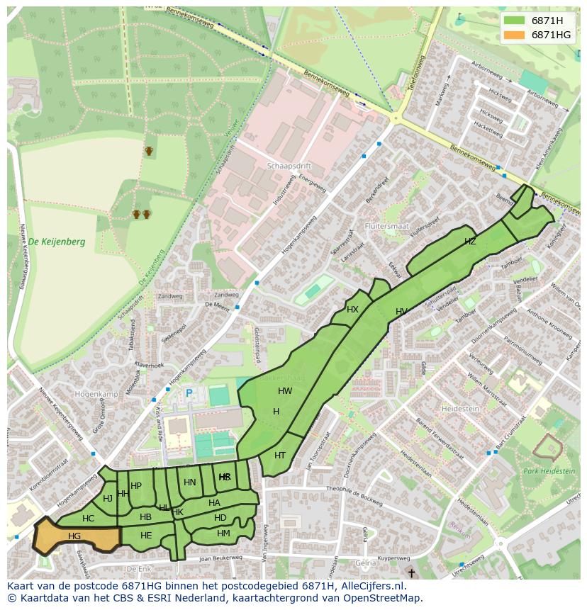 Afbeelding van het postcodegebied 6871 HG op de kaart.