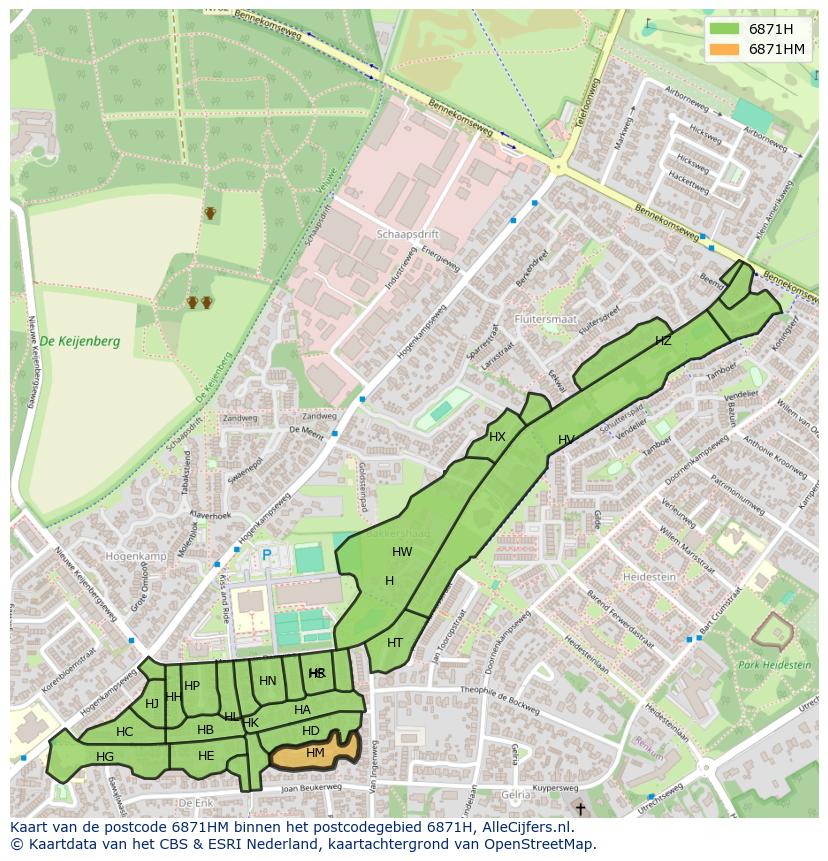 Afbeelding van het postcodegebied 6871 HM op de kaart.