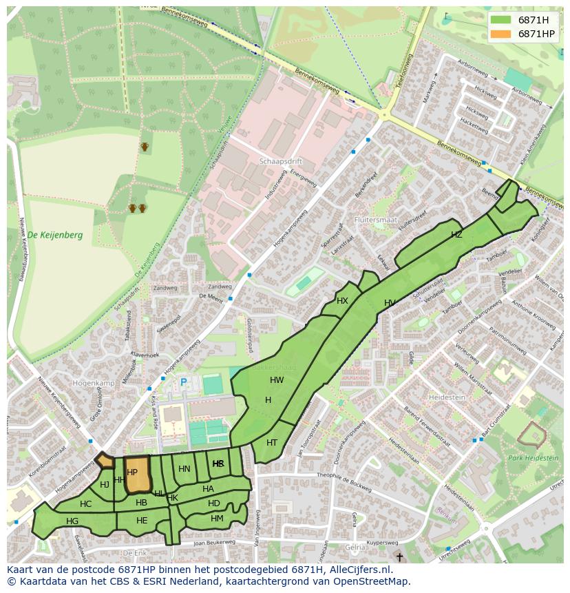 Afbeelding van het postcodegebied 6871 HP op de kaart.
