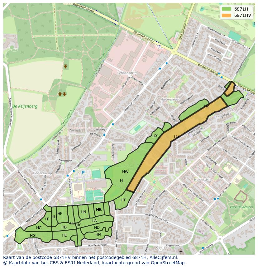Afbeelding van het postcodegebied 6871 HV op de kaart.
