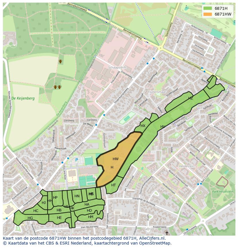 Afbeelding van het postcodegebied 6871 HW op de kaart.