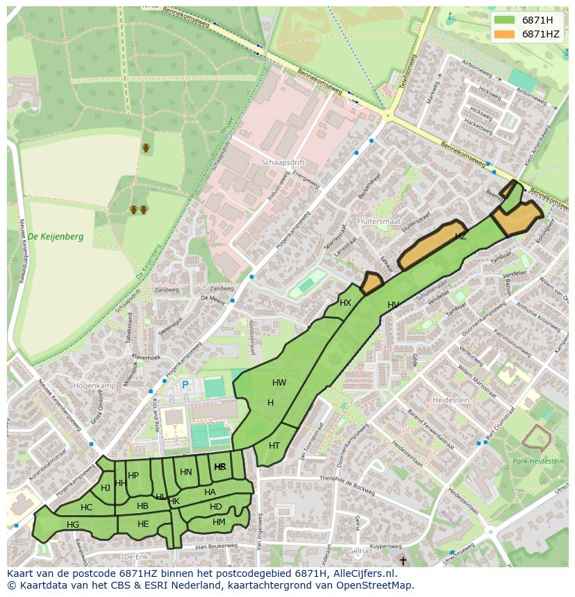 Afbeelding van het postcodegebied 6871 HZ op de kaart.