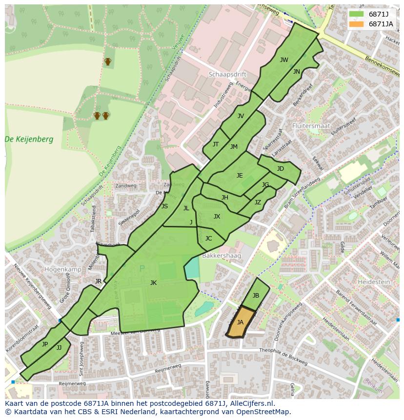 Afbeelding van het postcodegebied 6871 JA op de kaart.