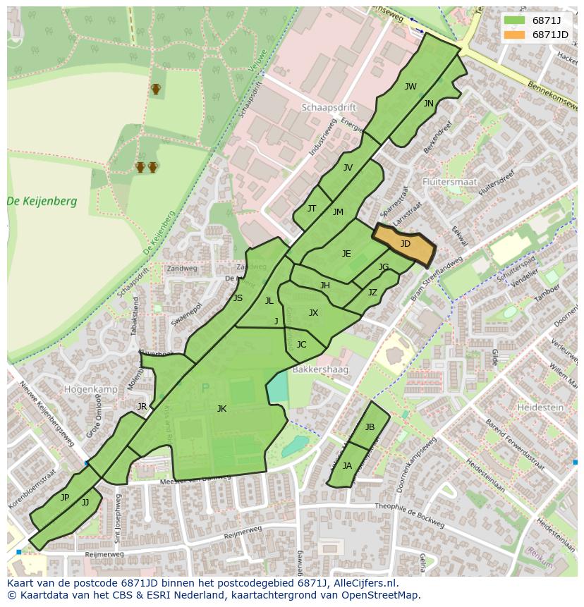 Afbeelding van het postcodegebied 6871 JD op de kaart.