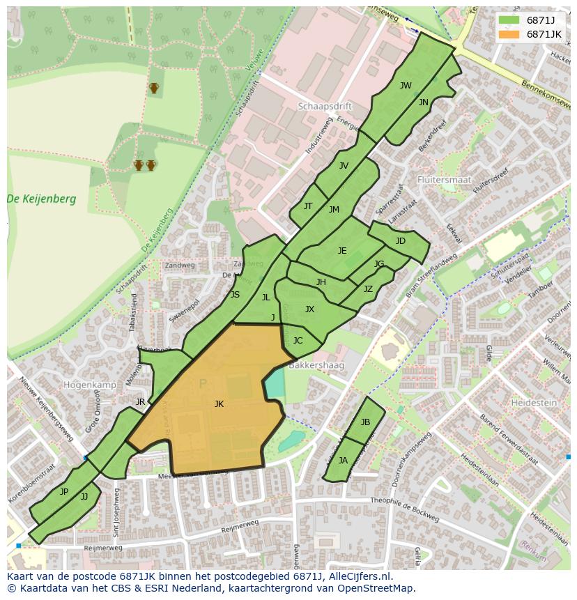 Afbeelding van het postcodegebied 6871 JK op de kaart.