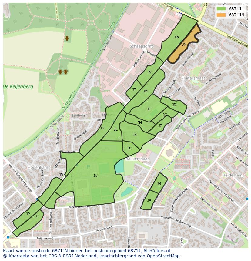 Afbeelding van het postcodegebied 6871 JN op de kaart.