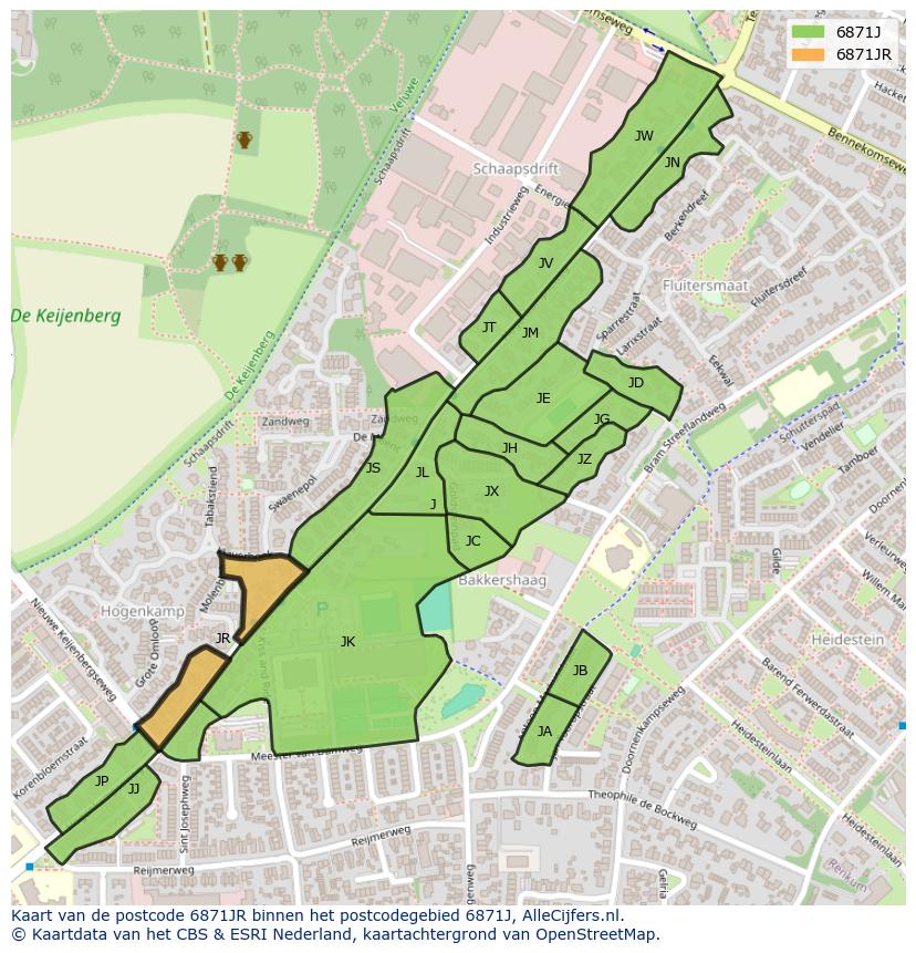 Afbeelding van het postcodegebied 6871 JR op de kaart.