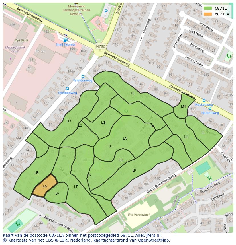 Afbeelding van het postcodegebied 6871 LA op de kaart.