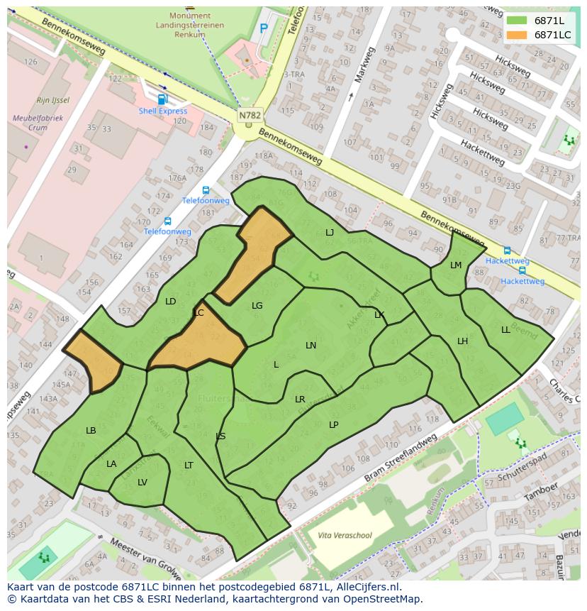 Afbeelding van het postcodegebied 6871 LC op de kaart.