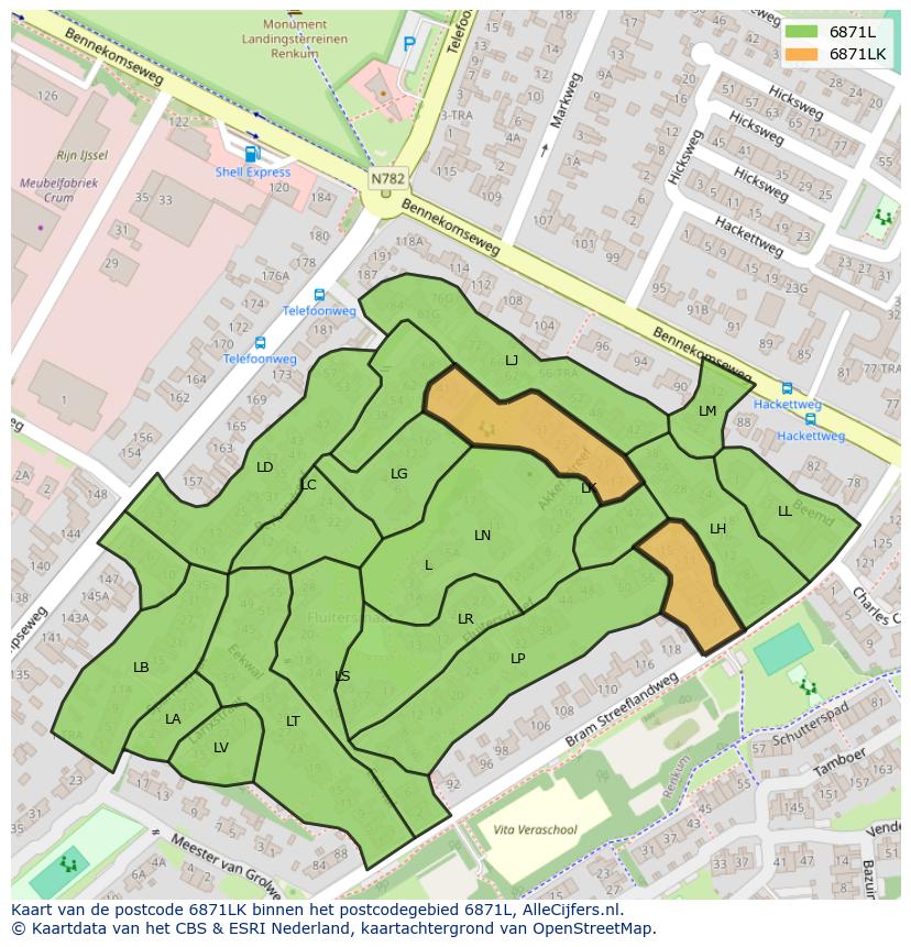 Afbeelding van het postcodegebied 6871 LK op de kaart.