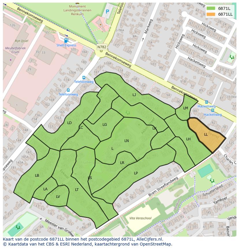 Afbeelding van het postcodegebied 6871 LL op de kaart.