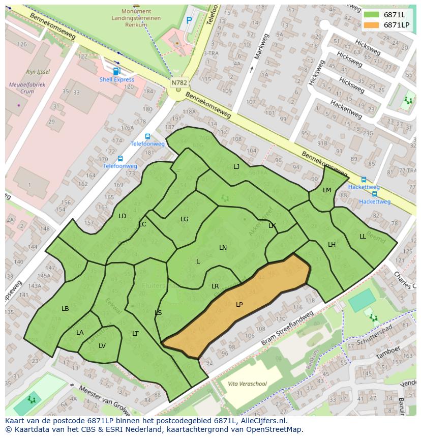 Afbeelding van het postcodegebied 6871 LP op de kaart.