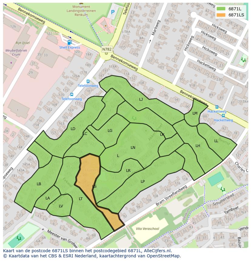 Afbeelding van het postcodegebied 6871 LS op de kaart.