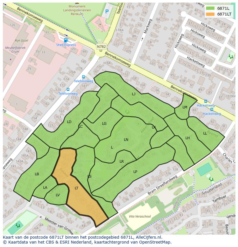 Afbeelding van het postcodegebied 6871 LT op de kaart.