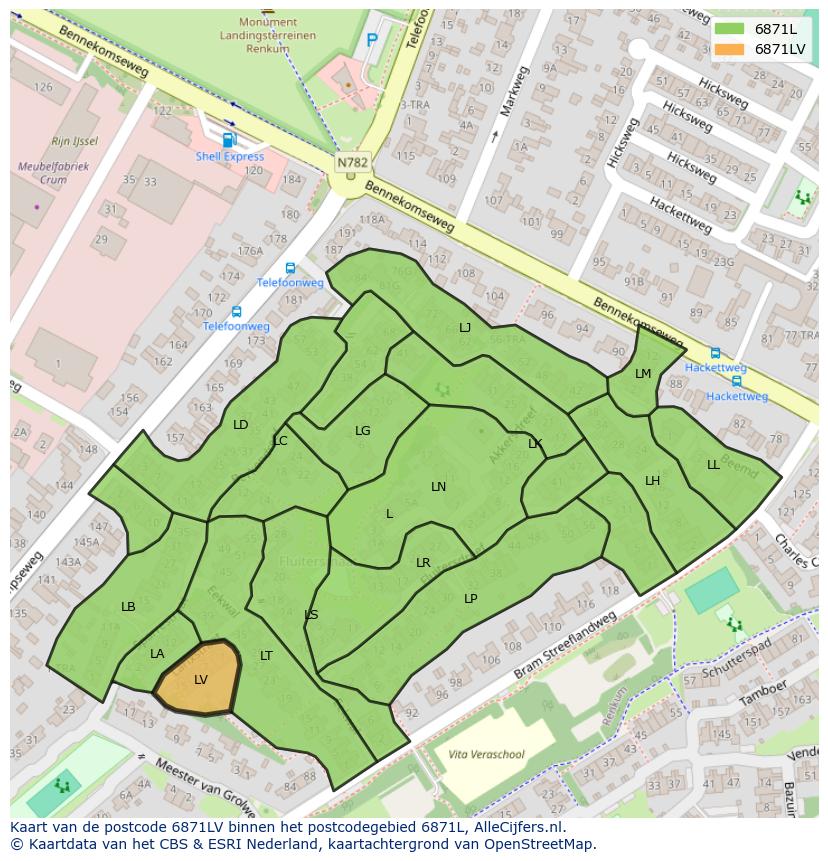 Afbeelding van het postcodegebied 6871 LV op de kaart.