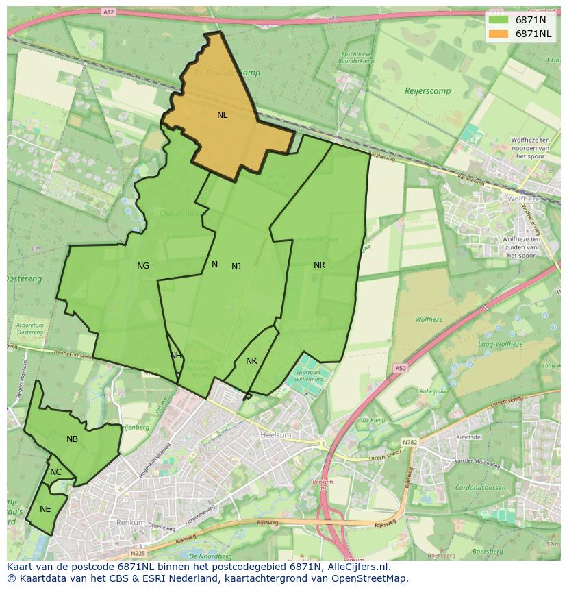 Afbeelding van het postcodegebied 6871 NL op de kaart.