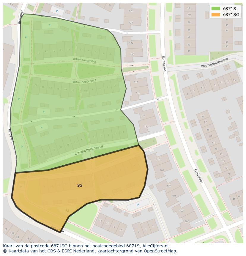 Afbeelding van het postcodegebied 6871 SG op de kaart.