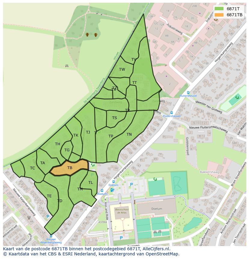 Afbeelding van het postcodegebied 6871 TB op de kaart.
