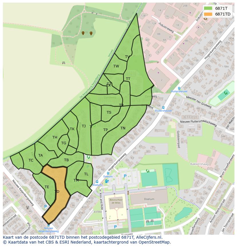 Afbeelding van het postcodegebied 6871 TD op de kaart.
