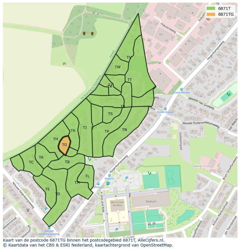 Afbeelding van het postcodegebied 6871 TG op de kaart.
