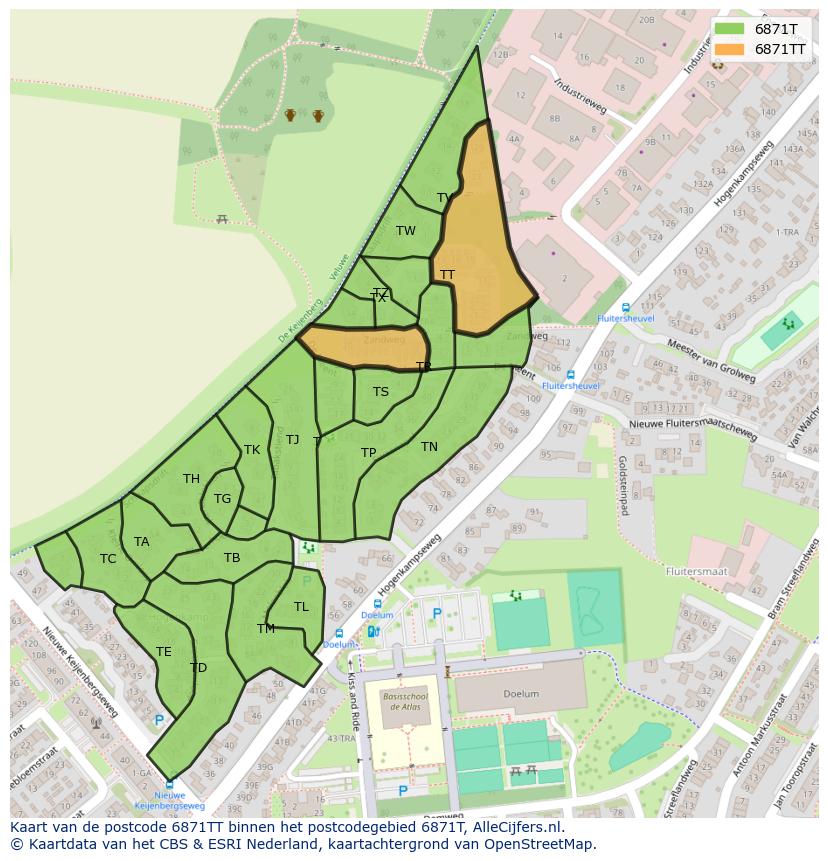 Afbeelding van het postcodegebied 6871 TT op de kaart.