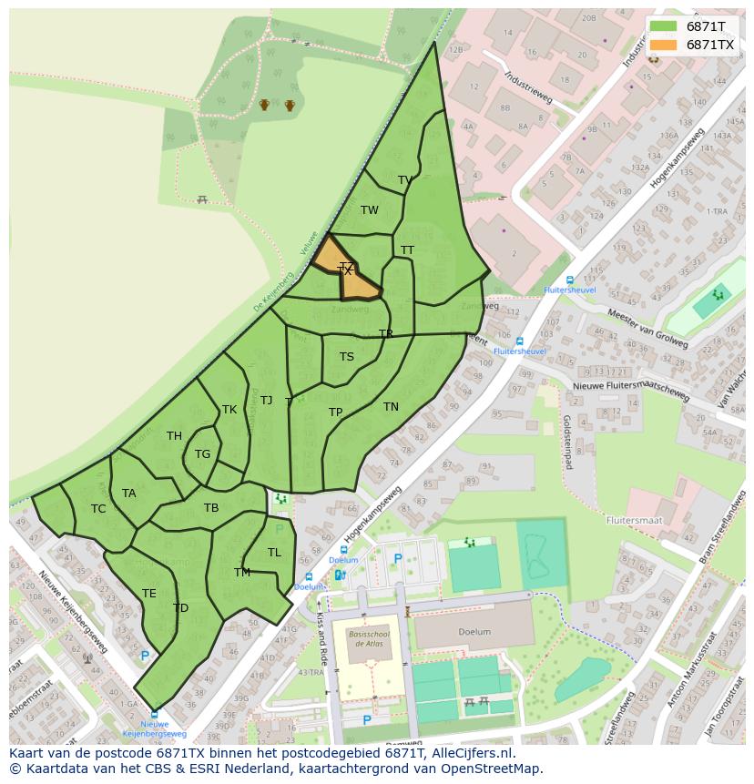 Afbeelding van het postcodegebied 6871 TX op de kaart.