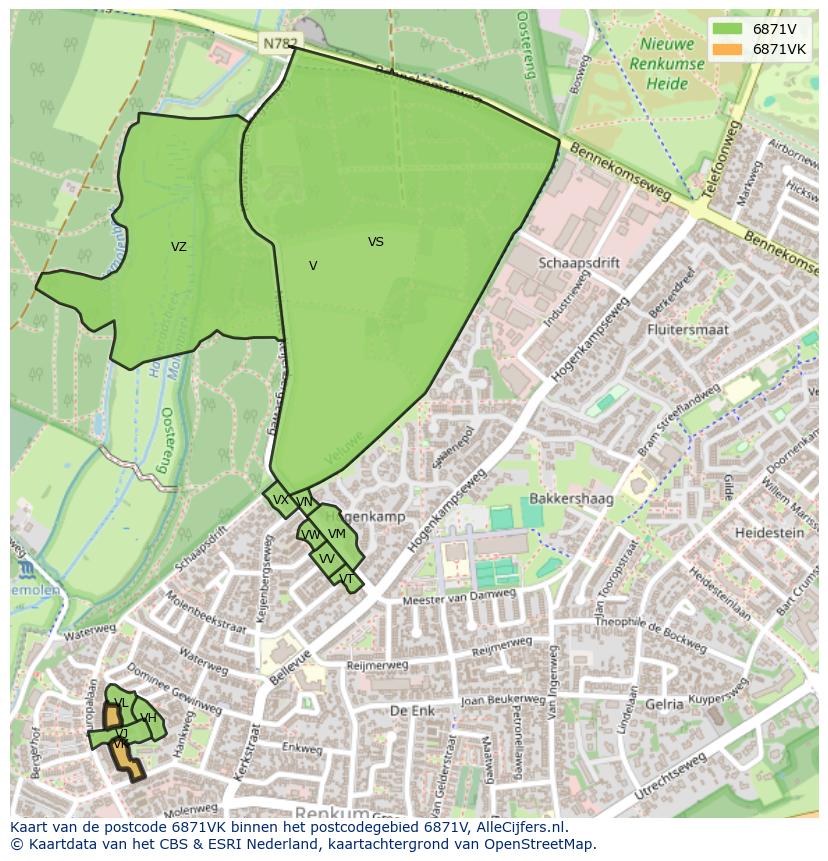 Afbeelding van het postcodegebied 6871 VK op de kaart.