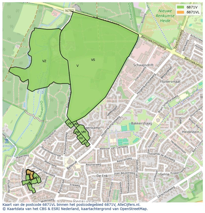 Afbeelding van het postcodegebied 6871 VL op de kaart.
