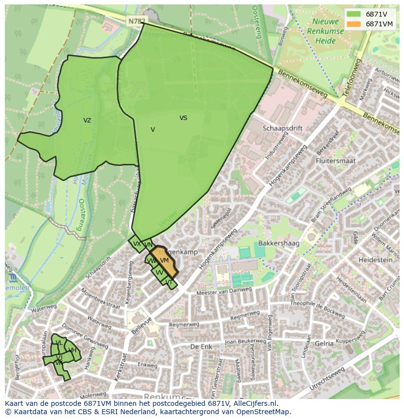 Afbeelding van het postcodegebied 6871 VM op de kaart.