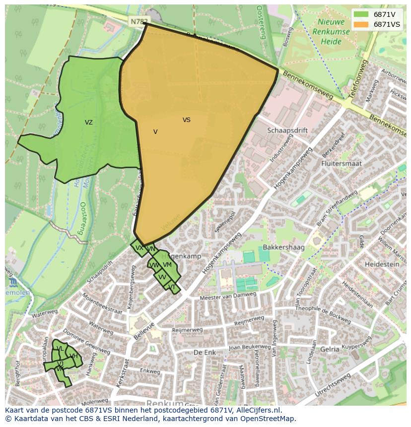 Afbeelding van het postcodegebied 6871 VS op de kaart.