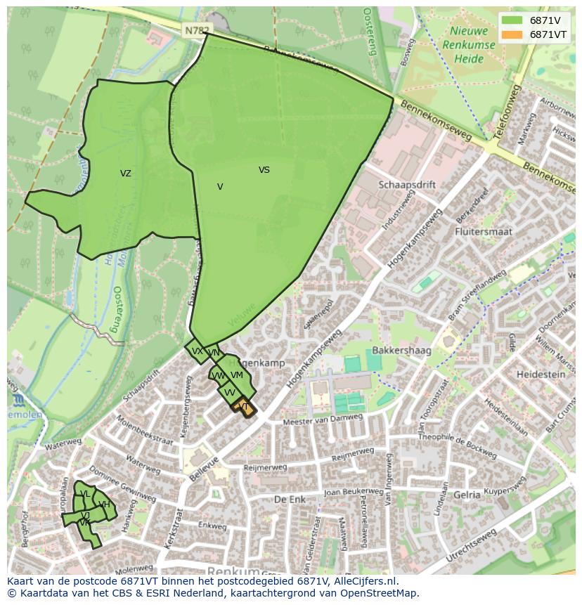 Afbeelding van het postcodegebied 6871 VT op de kaart.