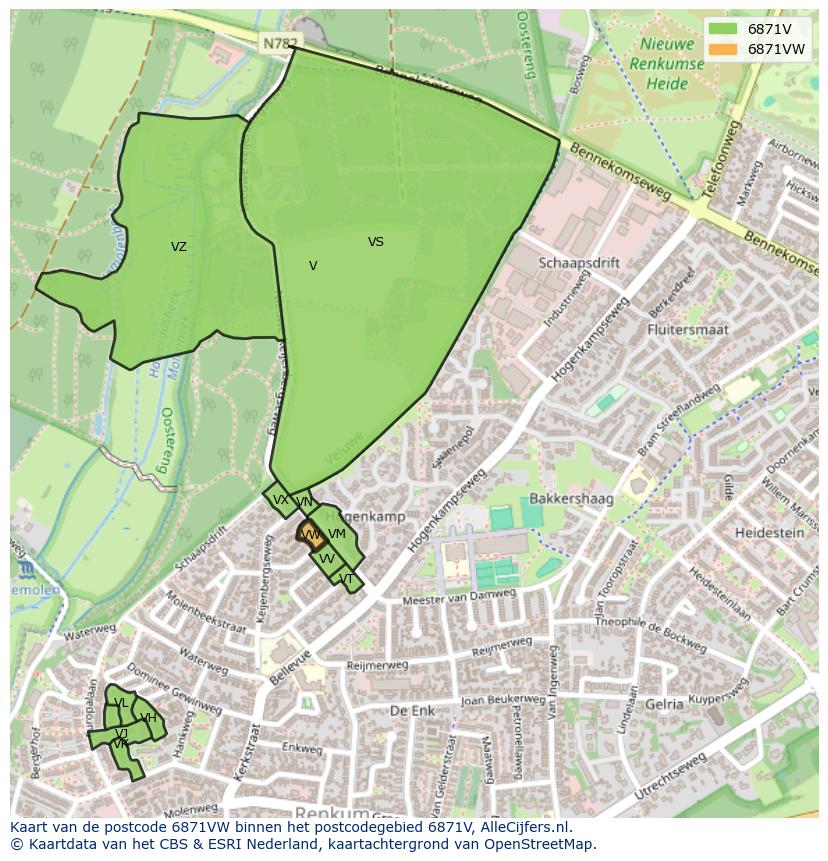Afbeelding van het postcodegebied 6871 VW op de kaart.