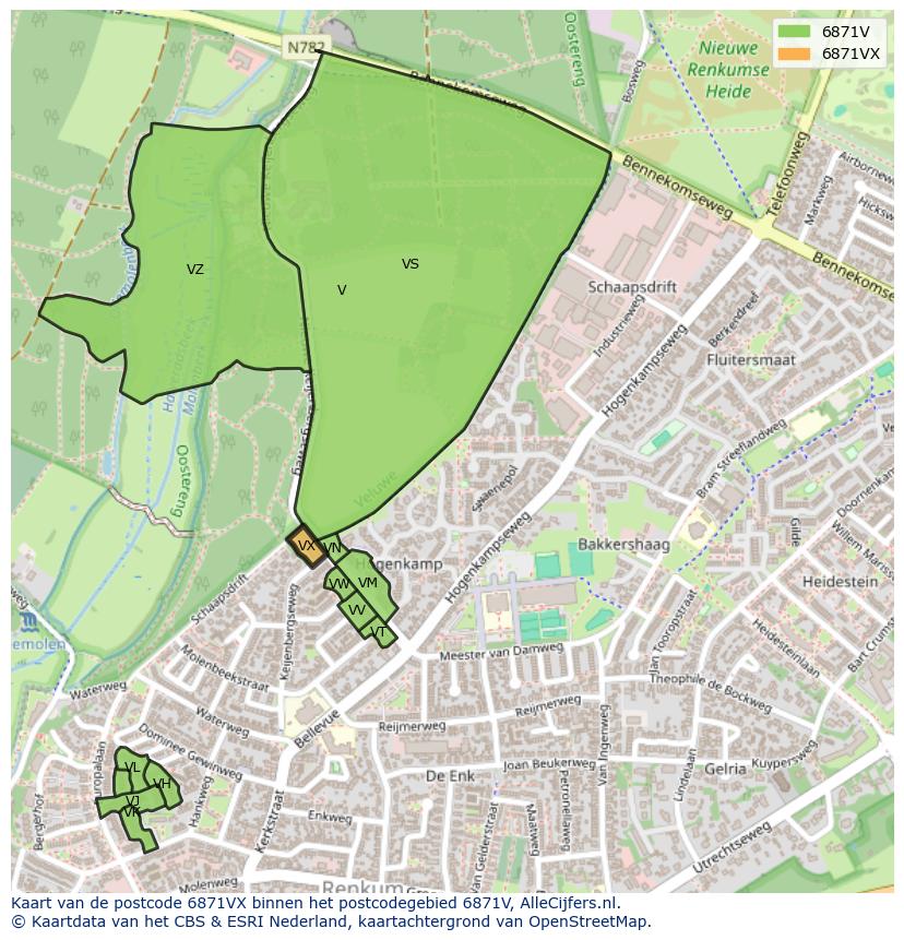 Afbeelding van het postcodegebied 6871 VX op de kaart.