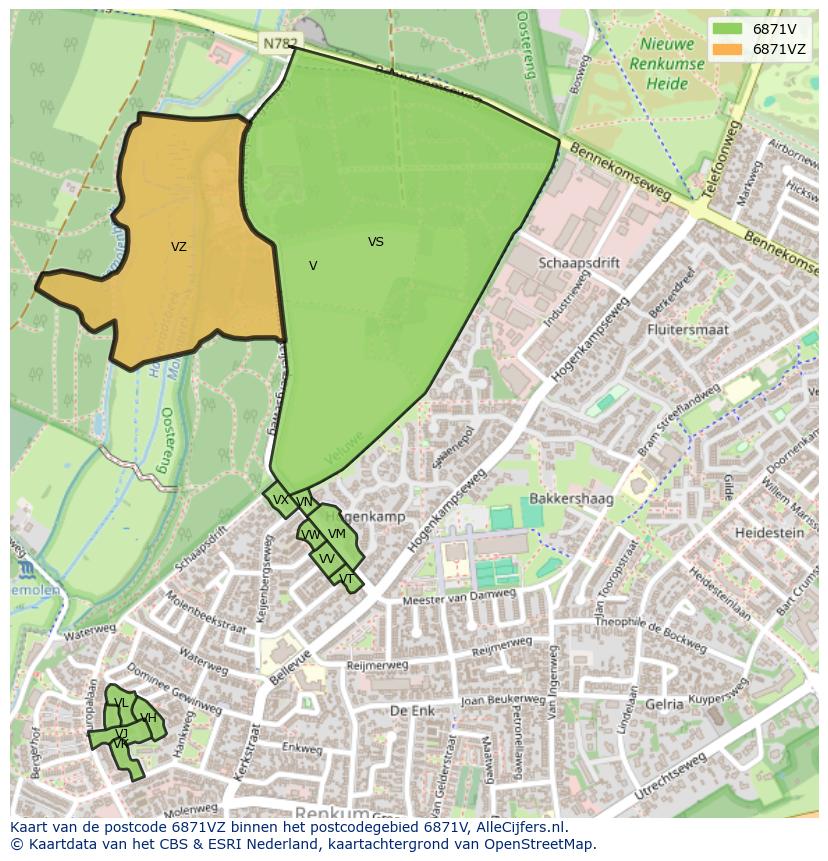 Afbeelding van het postcodegebied 6871 VZ op de kaart.