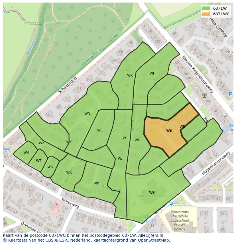 Afbeelding van het postcodegebied 6871 WC op de kaart.