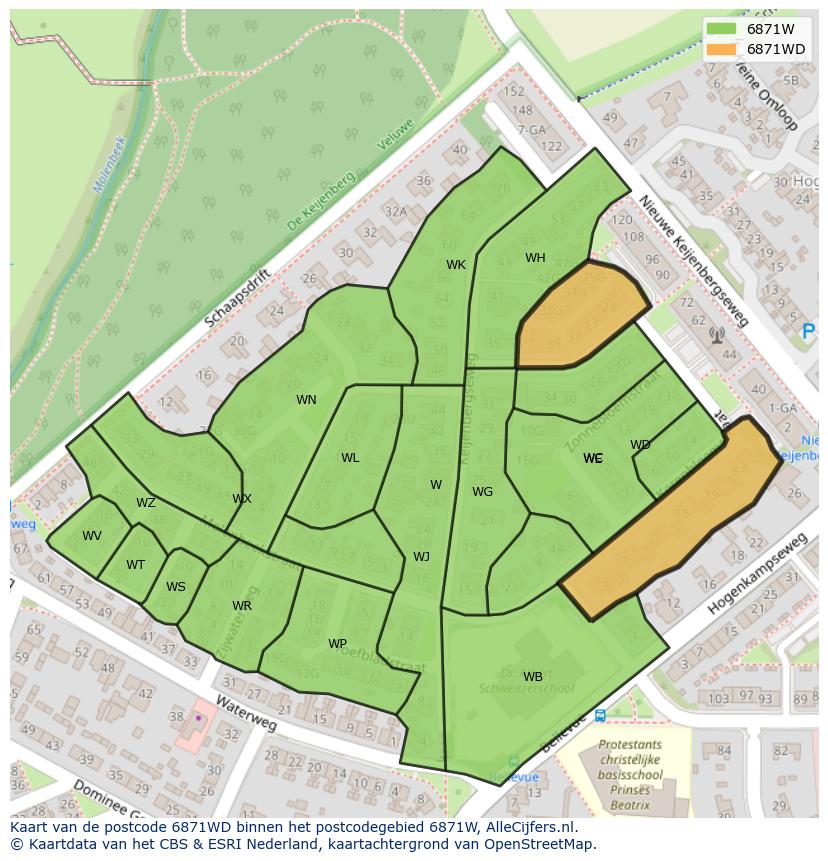 Afbeelding van het postcodegebied 6871 WD op de kaart.