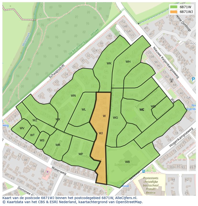 Afbeelding van het postcodegebied 6871 WJ op de kaart.