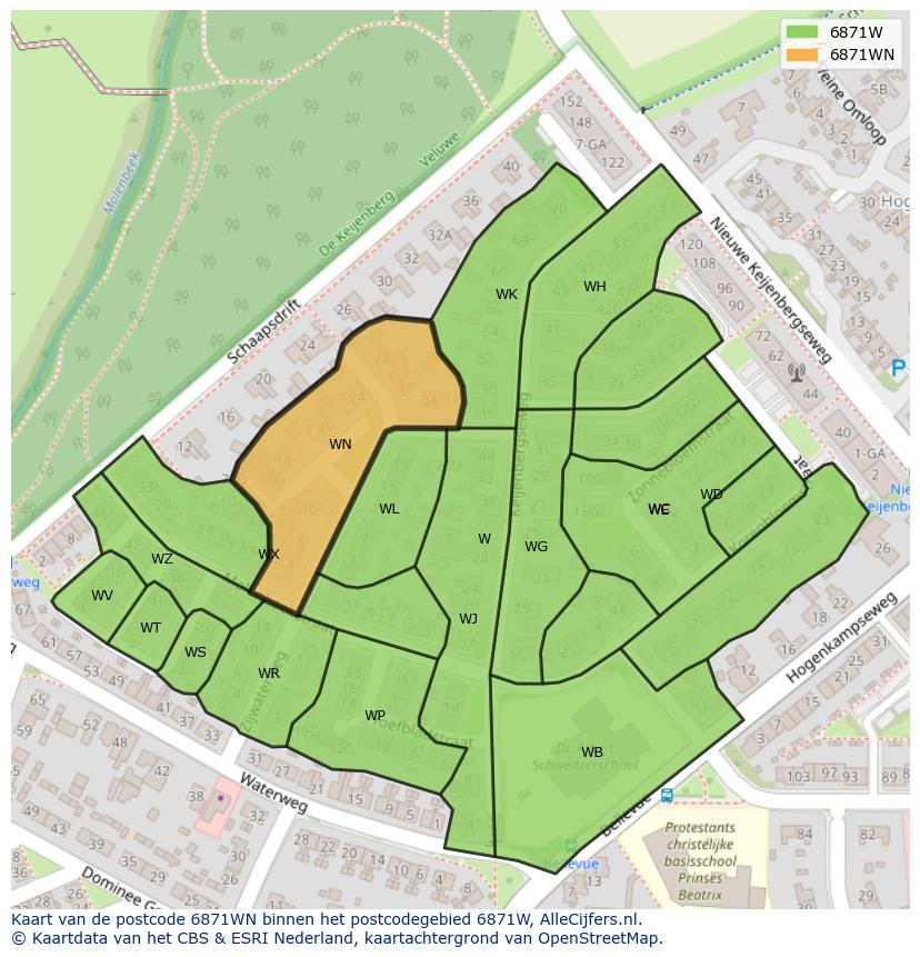 Afbeelding van het postcodegebied 6871 WN op de kaart.