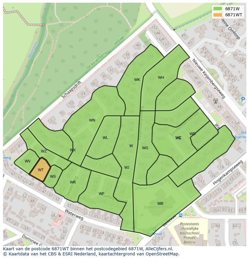 Afbeelding van het postcodegebied 6871 WT op de kaart.
