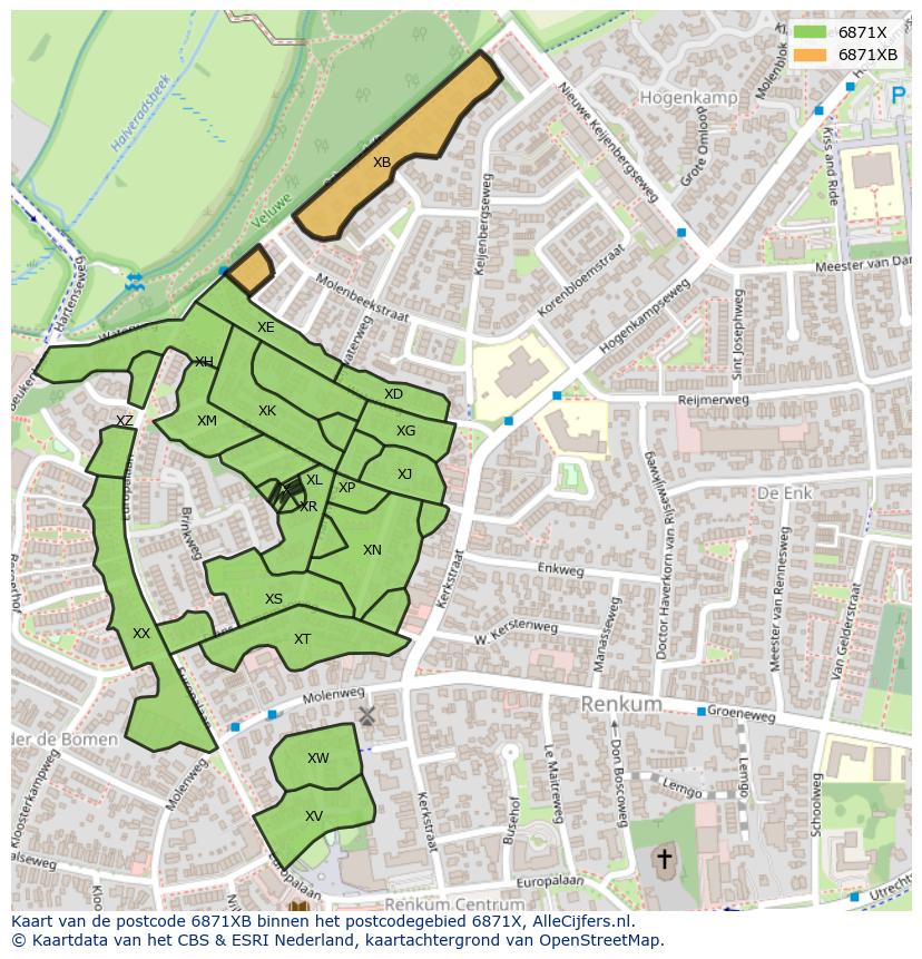 Afbeelding van het postcodegebied 6871 XB op de kaart.