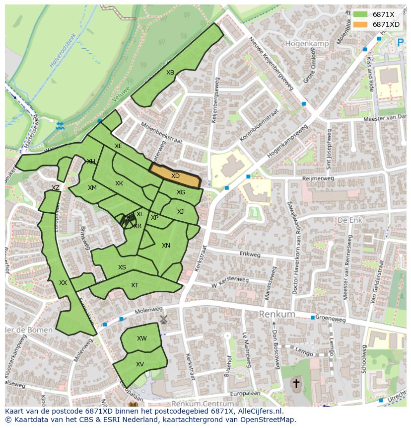 Afbeelding van het postcodegebied 6871 XD op de kaart.