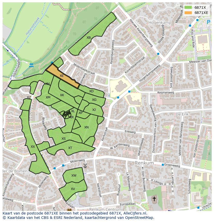Afbeelding van het postcodegebied 6871 XE op de kaart.