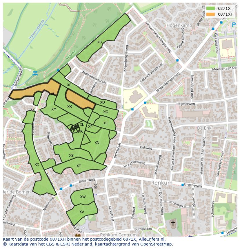 Afbeelding van het postcodegebied 6871 XH op de kaart.