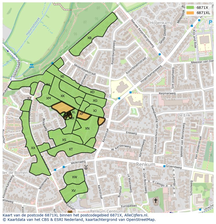 Afbeelding van het postcodegebied 6871 XL op de kaart.