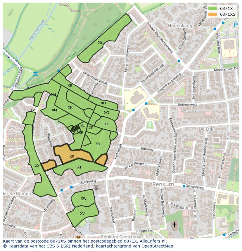 Afbeelding van het postcodegebied 6871 XS op de kaart.