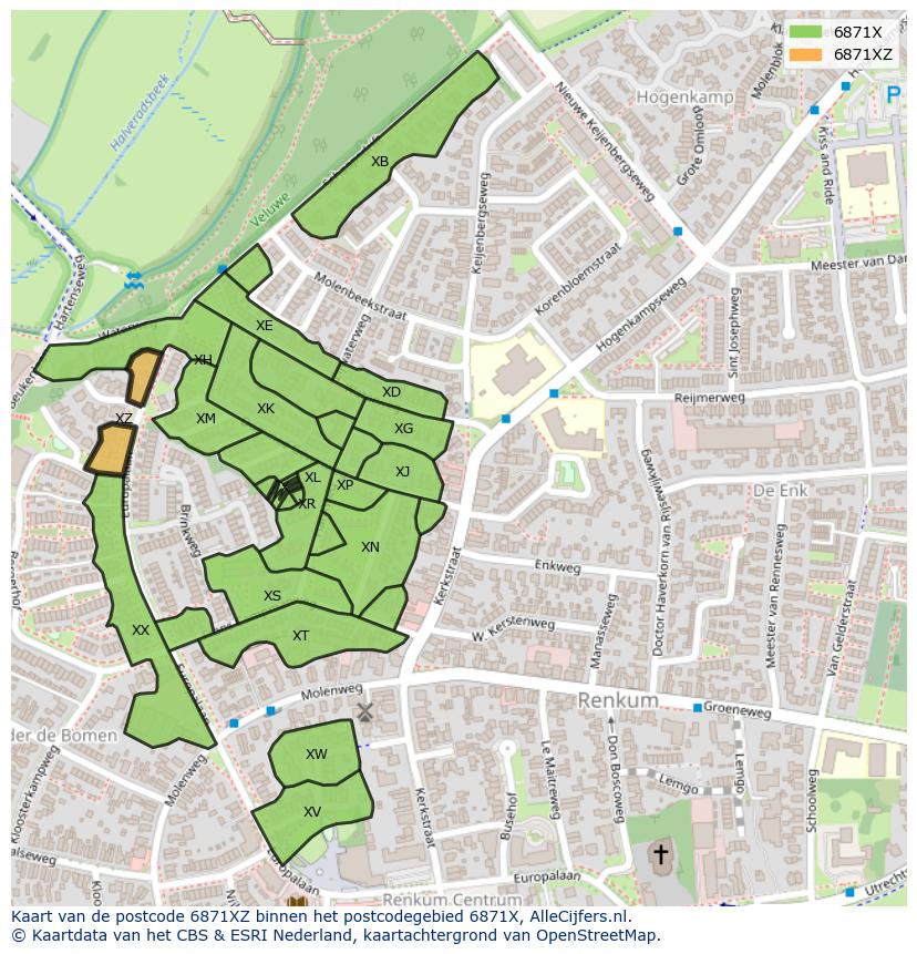 Afbeelding van het postcodegebied 6871 XZ op de kaart.