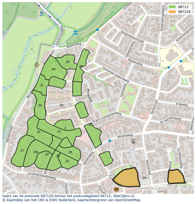 Afbeelding van het postcodegebied 6871 ZA op de kaart.