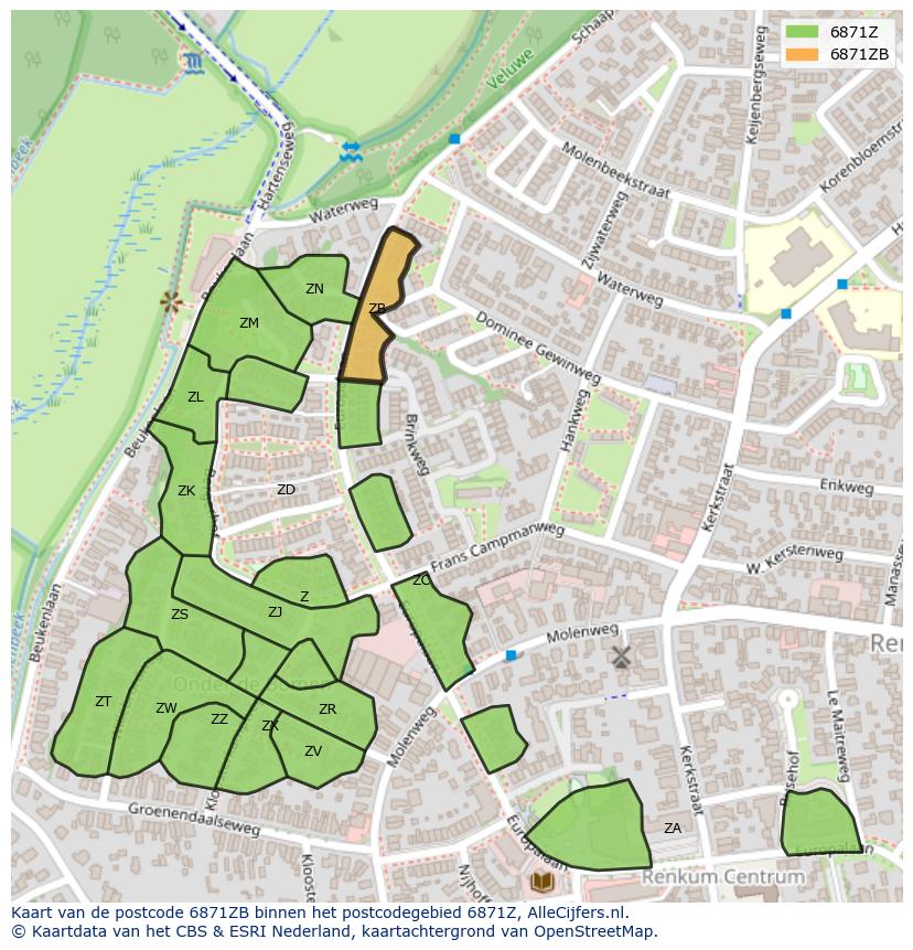 Afbeelding van het postcodegebied 6871 ZB op de kaart.