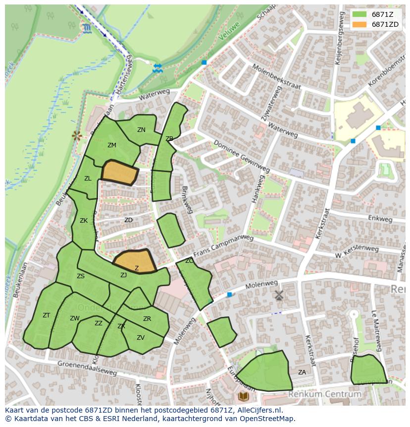 Afbeelding van het postcodegebied 6871 ZD op de kaart.