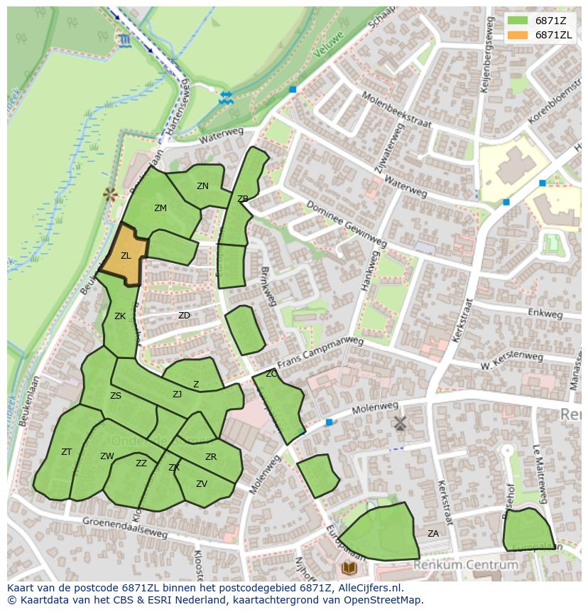 Afbeelding van het postcodegebied 6871 ZL op de kaart.